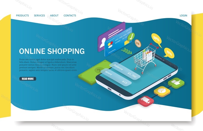 Online shopping landing page website template. Vector isometric smartphone with shopping cart, credit card etc. Internet store, mobile marketing and e-commerce.