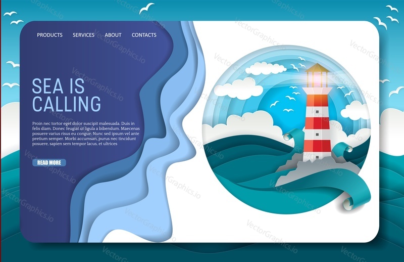 Sea is calling landing page website template. Vector paper cut lighthouse among raging waves.