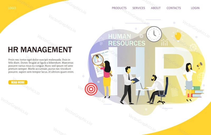 HR management landing page website template. Vector illustration of people employers searching for talented job candidates. Business recruiting, job agency services, human resources concept.