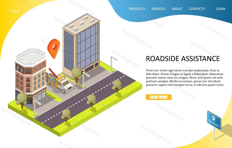 Roadside assistance landing page website template. Vector isometric city street with buildings, tow truck evacuator and location map pin above it. Car towing service concept.