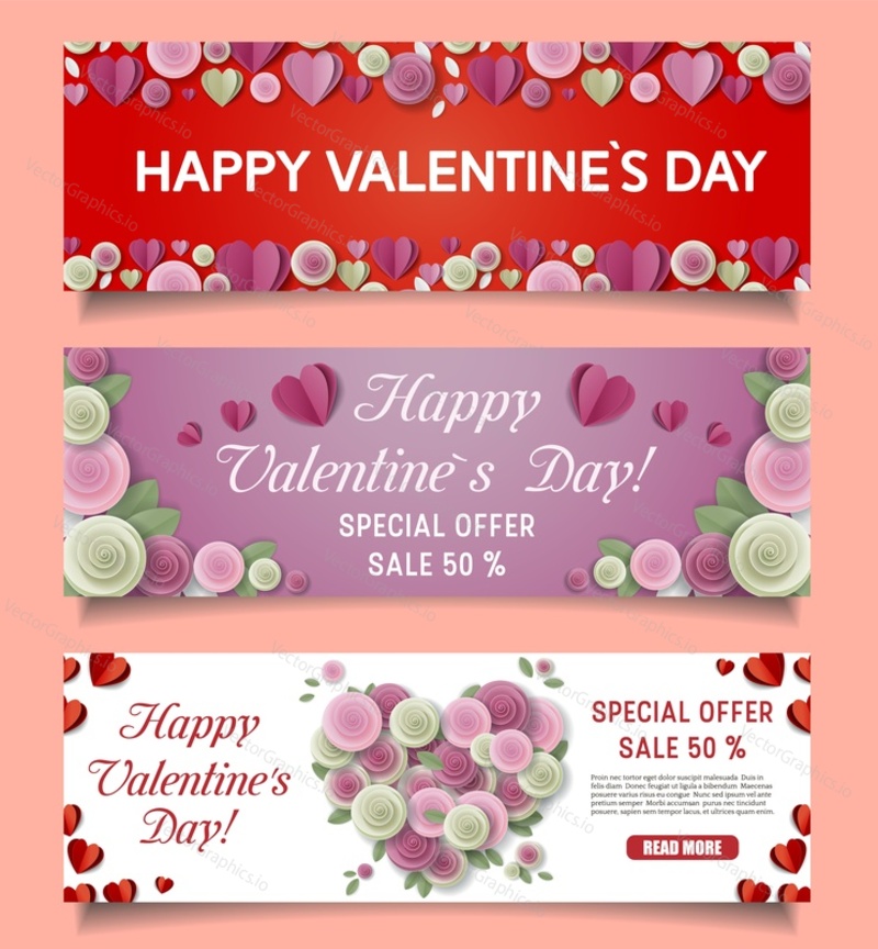 Happy Valentines Day sale and special offer web banner template set. Vector paper cut pink and red hearts and roses. Sales and discounts promotional horizontal banners.