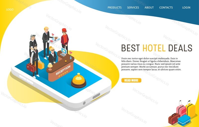 Best hotel deals landing page website template. Vector isometric illustration of smartphone with hotel staff providing customer services. Hotel search, booking online, apartment reservation concept.