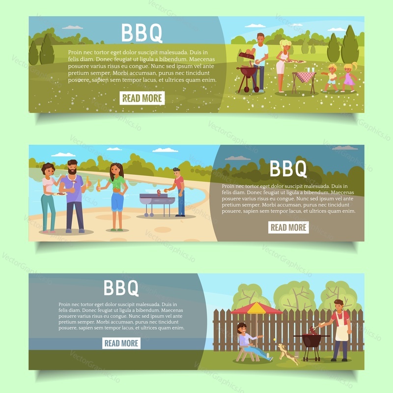 Bbq web banner template set. Vector flat illustration. Outdoor picnic with family, friends, pets, grilled meat, barbecue grills and accessories.