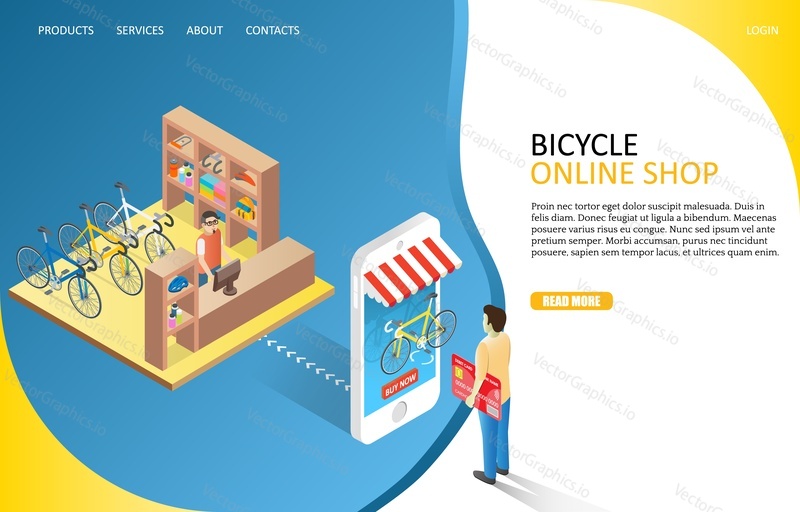 Bicycle online shop landing page website template. Vector isometric illustration of man doing shopping via smartphone. Online shopping, e-commerce concept.