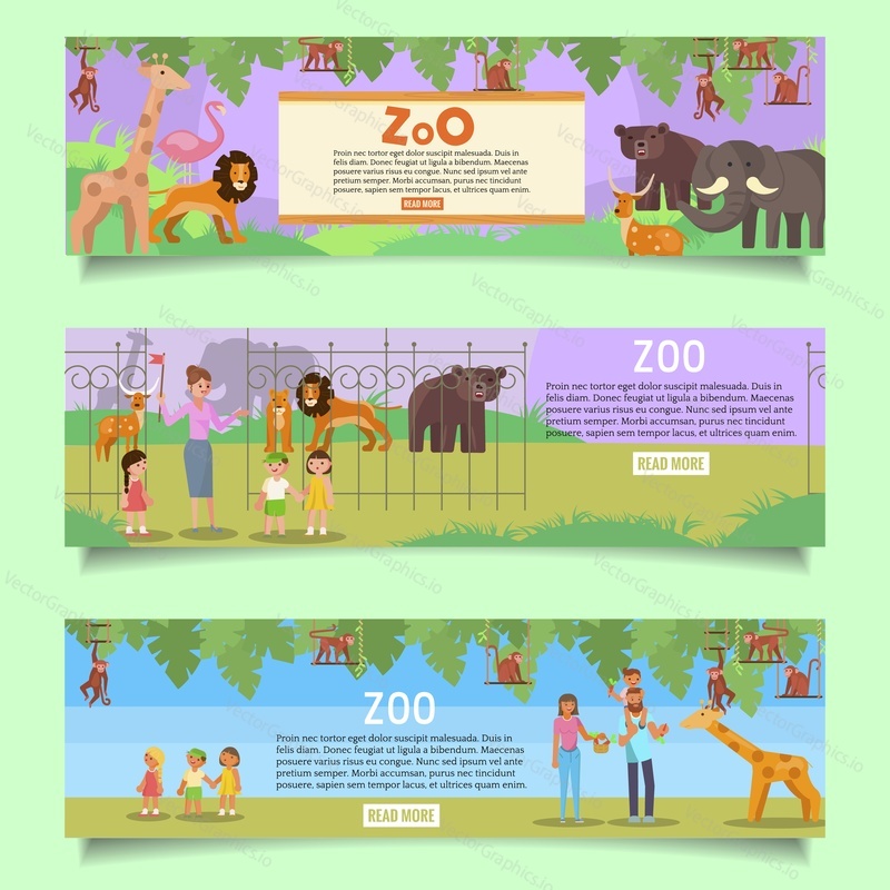 Zoo web banner template set. Vector flat illustration. Zoo signage with exotic, woodland animals. Visitors adults with kids. Happy family feeding carrots to baby giraffe.