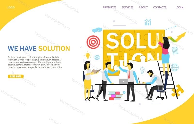 Business solution landing page website template. Vector flat illustration of business people professional team building solution word jigsaw puzzles.