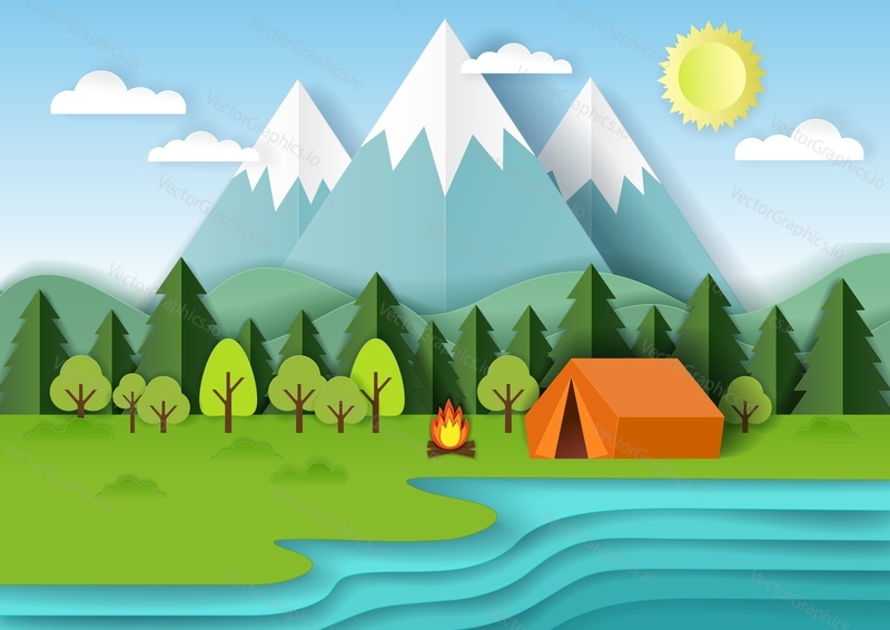 Summer camping background with forest, mountains, lake, campfire and tent. Vector illustration in paper art style.
