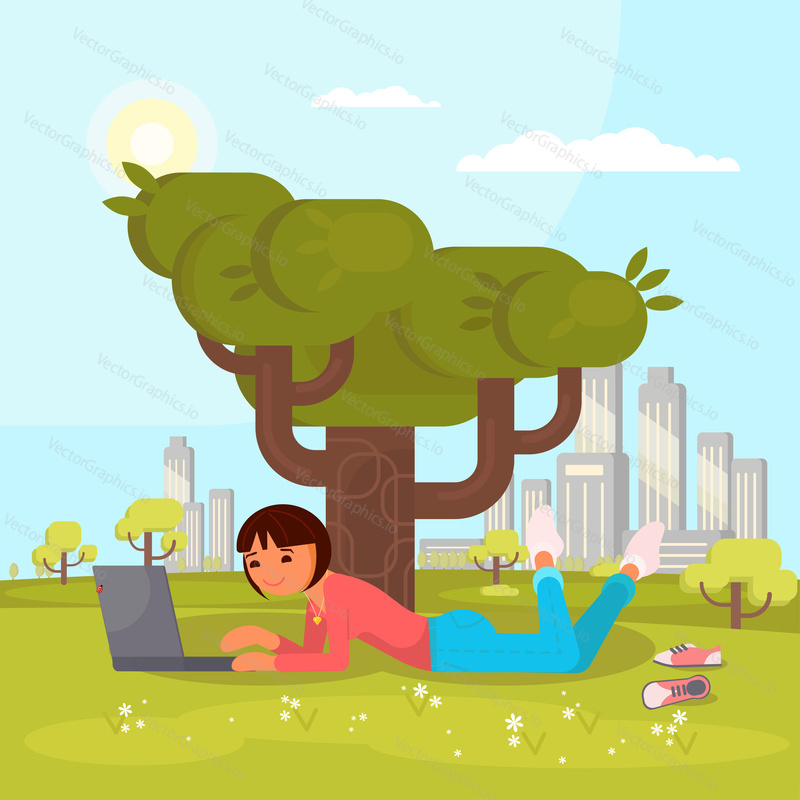 Vector illustration of young girl using laptop while lying on green grass in city park. Flat style design.