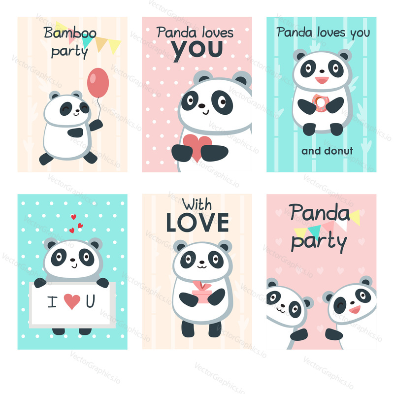 Cute panda party invitation cards. Vector template set with funny pandas with heart, balloon, donut, gift box, string flags for party decoration and handwritten text.