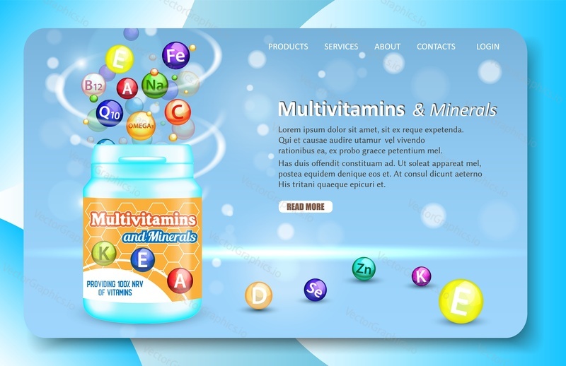 Шаблон веб-сайта целевой страницы с мультивитаминами и минералами. Векторная иллюстрация пластиковой бутылки с витаминно-минеральным комплексом и витаминных таблеток. Пищевая добавка с витаминами и минералами.