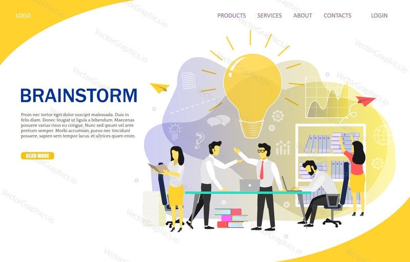 Brainstorm landing page website template. Vector flat illustration. Group of employees suggesting new creative ideas while working on business project or startup. Brainstorming business team.