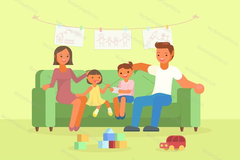 Vector illustration of happy family mom, dad and two kids playing leisure games together while sitting on sofa in living room. Flat style design.