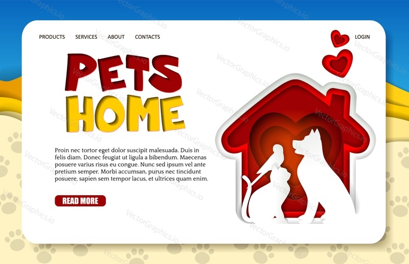 Шаблон веб-сайта домашней целевой страницы домашних животных. Вырезанная из векторной бумаги красная собачья будка с силуэтами сердца, собаки, кошки и попугая. Приют для животных, ветеринарная клиника. Люблю домашних животных.