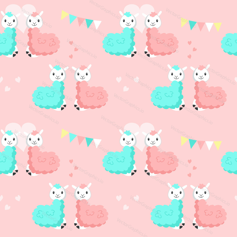 Happy cute alpaca couples with hearts, string pennants vector seamless pattern. Creative design for fabric, textile, wallpaper, wrapping paper.