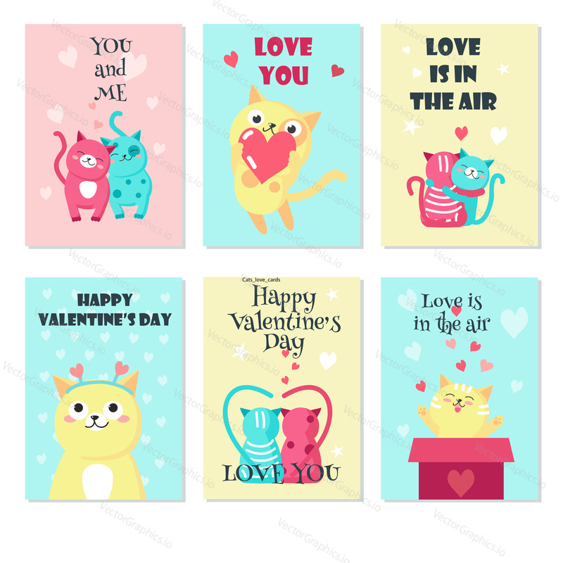 Vector set of Valentine day cards with cute cats in love and inspirational quotes. Happy loving kittens hugging, playing, holding hearts.