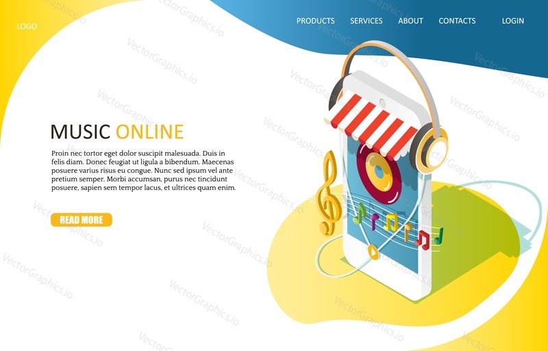 Music online landing page website template. Vector isometric smartphone with headphones, treble clef and notes. Music streaming service concept.