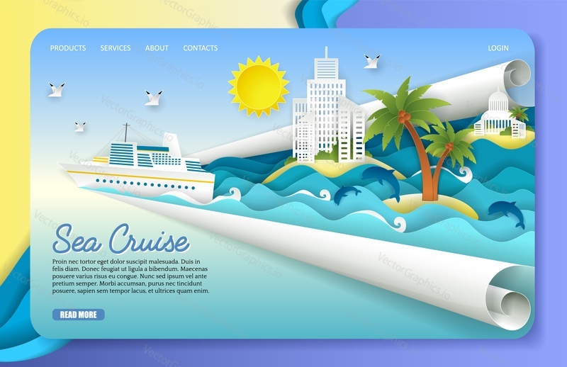 Sea cruise landing page website template. Vector paper cut cruise liner floating on ocean waves, dolphins, seagulls, islands, tourist resorts. Sea voyage concept.
