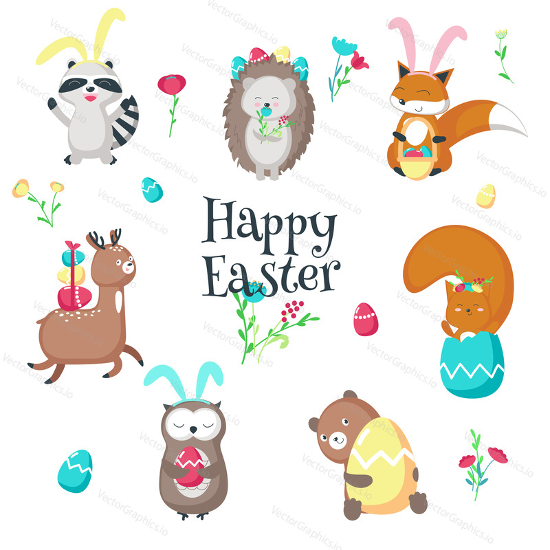 Easter animals. Vector illustration isolated on white background. Cute raccoon hedgehog deer owl fox squirrel and bear with painted Easter eggs, spring flowers for greeting card, sticker, print.