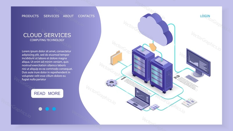 Cloud services landing page website template. Vector isometric illustration. Cloud computing technology concept with desktop pc, laptop, hosting servers, file folder connected to cloud.
