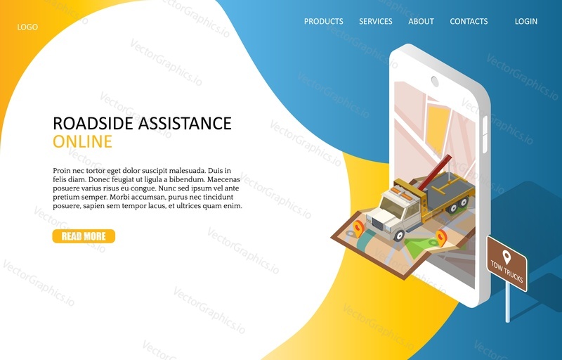 Online roadside assistance landing page website template. Vector isometric smartphone with map and tow truck evacuator. Car towing service mobile app.