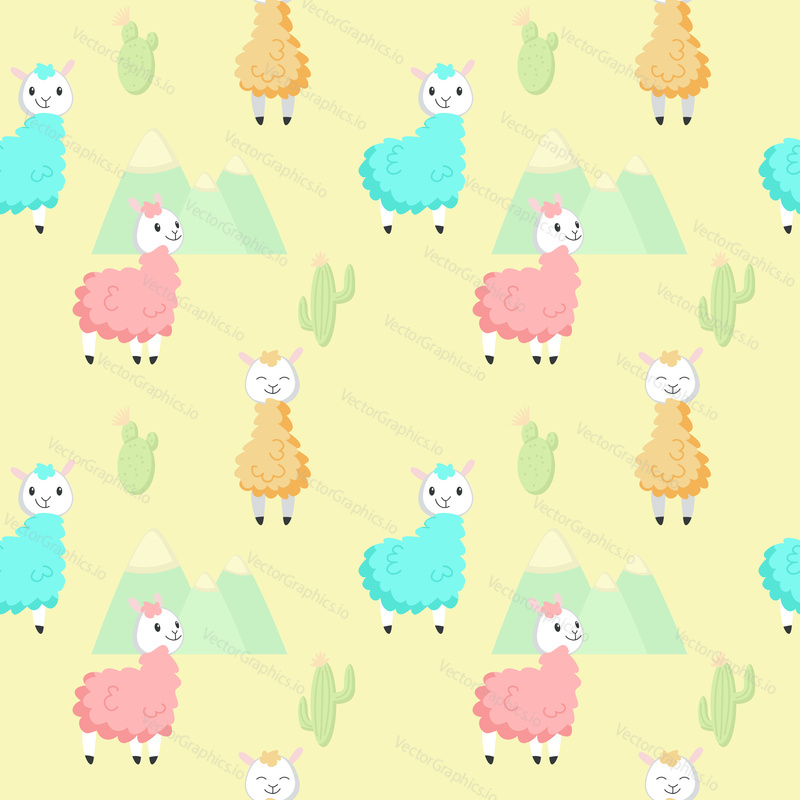 Cute alpacas with cactuses and mountains vector seamless pattern. Creative design for fabric, textile, wallpaper, wrapping paper.