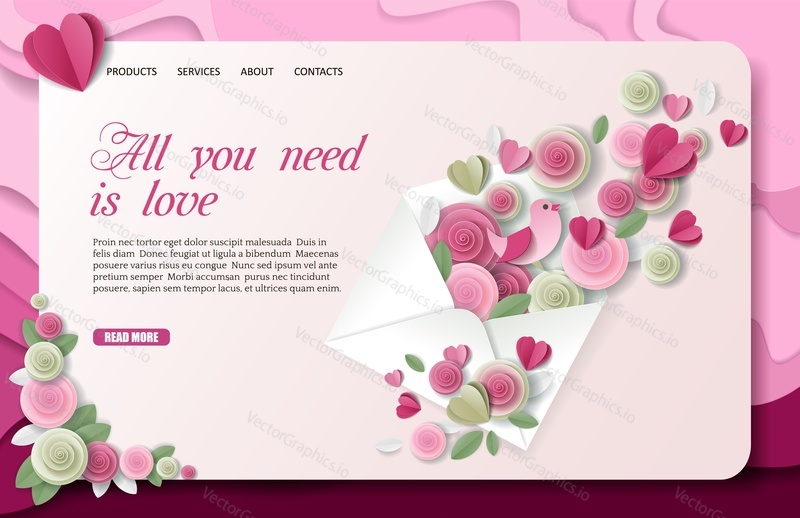 Happy Valentines Day landing page website template. Vector paper cut pink roses, hearts and bird flying out of envelope. All you need is love lettering. Love letter.