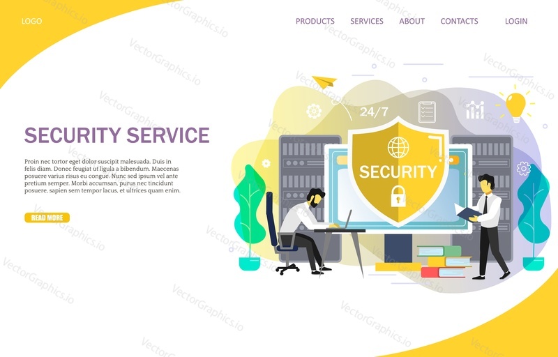 Security service landing page website template. Vector illustration. Computer with shield sign protected from hacker attacks. Computer security products and services. Online Ddos protection concept.