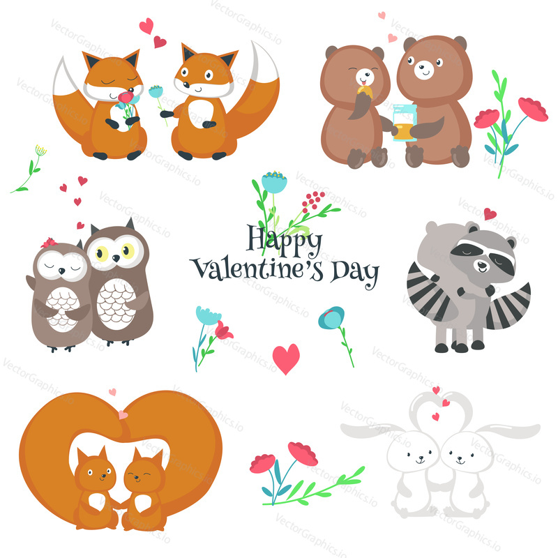 Cute romantic animals couples. Vector illustration isolated on white background. Happy loving foxes, bears, owls, raccoons, squirrels and bunnies hugging, holding hands, giving flowers, sweet honey.