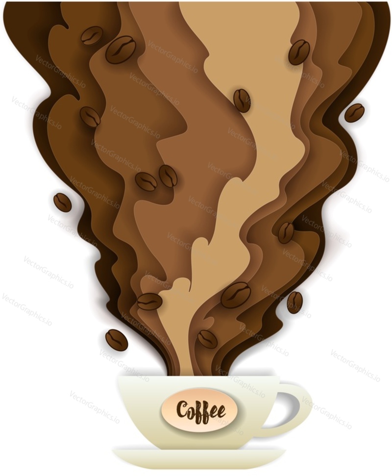 Vector paper cut cup of hot aromatic coffee with coffee lettering, coffee beans and steam. Trendy coffee concept design element for banner, flyer, poster etc.
