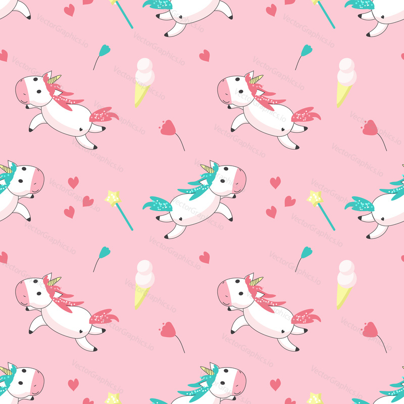 Magic unicorn seamless pattern. Vector hand drawn romantic unicorns, ice cream cones, flowers, hearts.