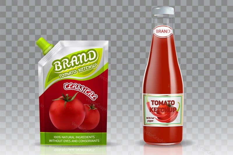 Tomato ketchup packaging mockup set. Vector realistic illustration of glass bottle and doypack plastic bag with tomato ketchup isolated on transparent background.