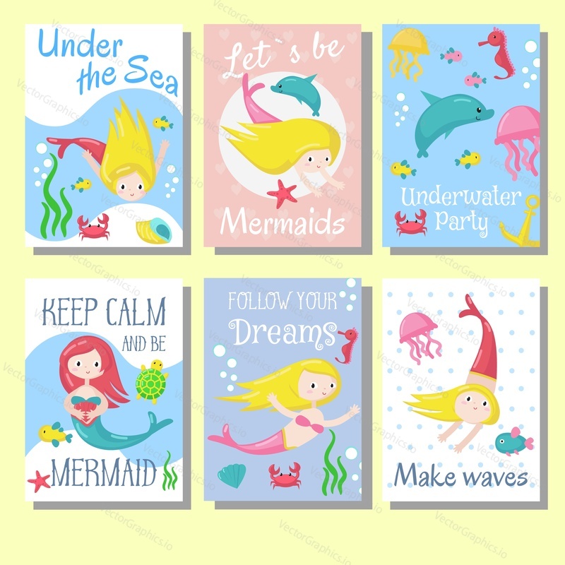 Cute mermaid greeting, invitation cards vector template set. Summer cards with beautiful girls mermaids swimming under sea with dolphin, crab, jellyfish, starfish, fish, turtle and handwritten text.