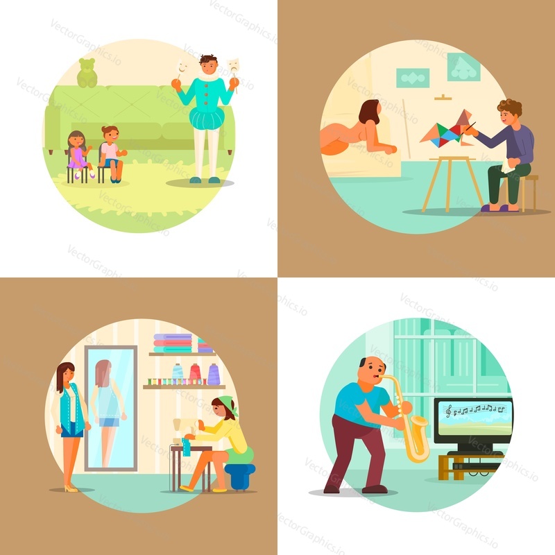People enjoying their hobbies vector flat illustration. Amateur theater, playing saxophone, painting from model, sewing or custom tailoring. Music, arts and craft hobbies.