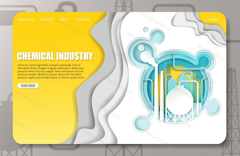 Chemical industry landing page website template. Vector paper cut chemical plant equipment and smoking piping.
