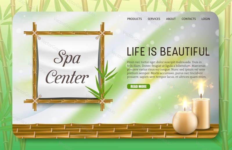 Шаблон веб-сайта целевой страницы спа-центра. Векторная реалистичная иллюстрация бамбуковой рамы, бамбуковых стеблей, листьев и ароматических свечей. Жизнь прекрасна. Концепция услуг спа-салона.