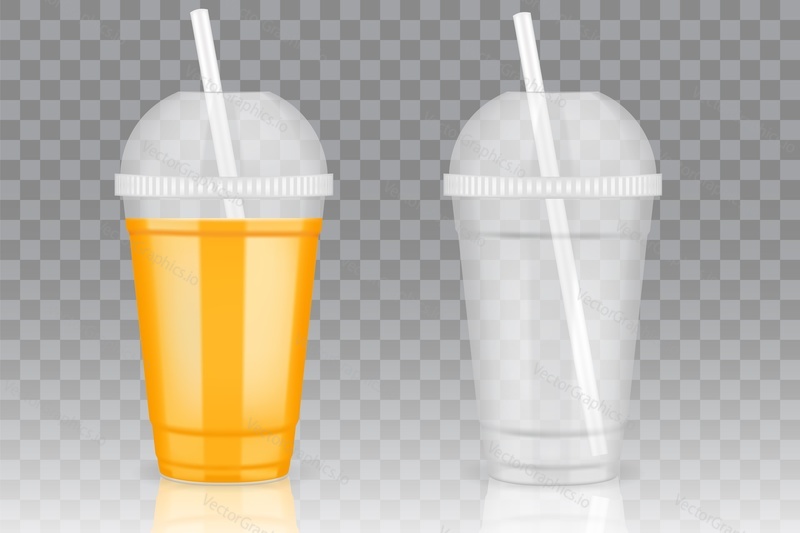Filled with orange juice and empty transparent disposable plastic cup with lid and drinking straw mockup set. Vector realistic illustration isolated on transparent background.