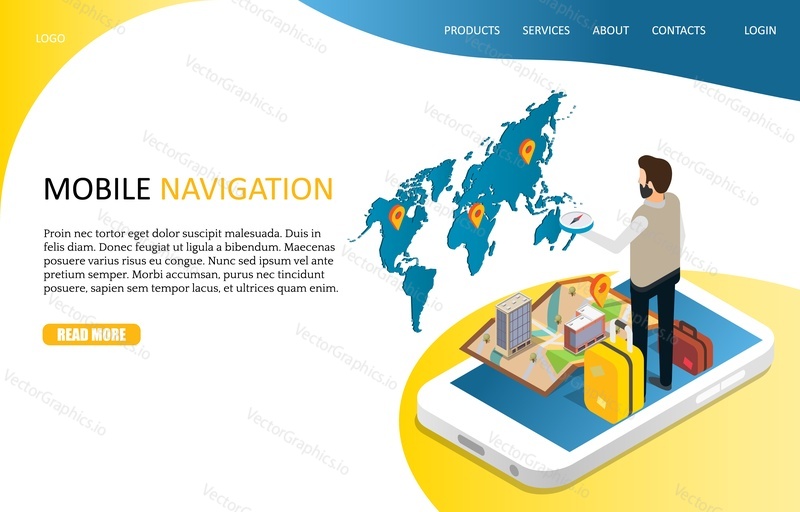 Mobile navigation landing page website template. Vector isometric smartphone with route map and pin, suitcases, tourist holding compass. Smart phone with navigation app. GPS concept.