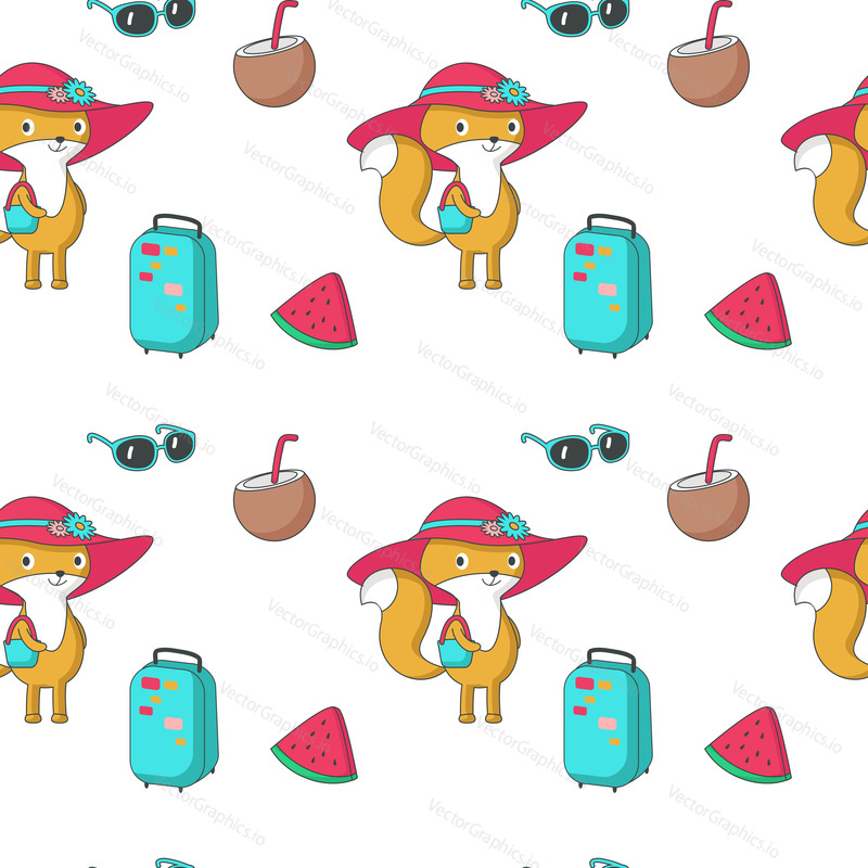 Summer seamless pattern. Vector hand drawn fox in sun hat with sunglasses, coconut milk, suitcases and slices of watermelon.