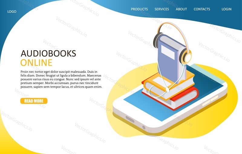 Audiobooks online landing page website template. Vector isometric pile of books with headphones on smartphone screen. Books online concept.