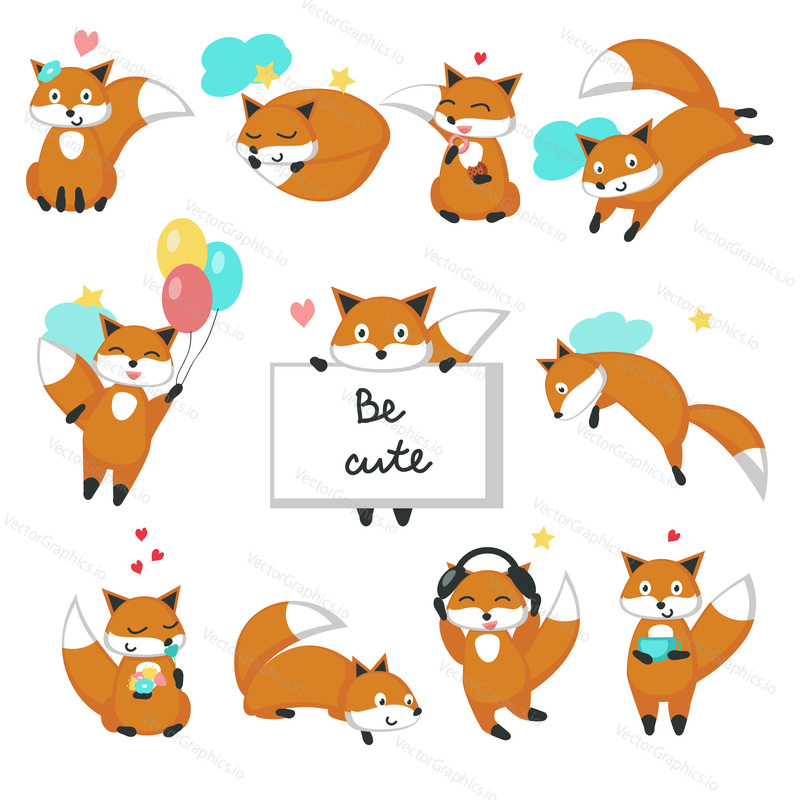 Cute fox icon set for greeting card, invitation, poster, sticker, print. Vector isolated illustration of funny foxes sitting sleeping, jumping, flying, dreaming, being in love, listening to music.