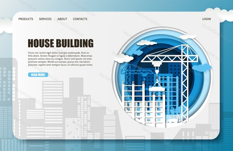 House construction company landing page website template. Vector paper cut illustration. Construction site. Home building industry concept.