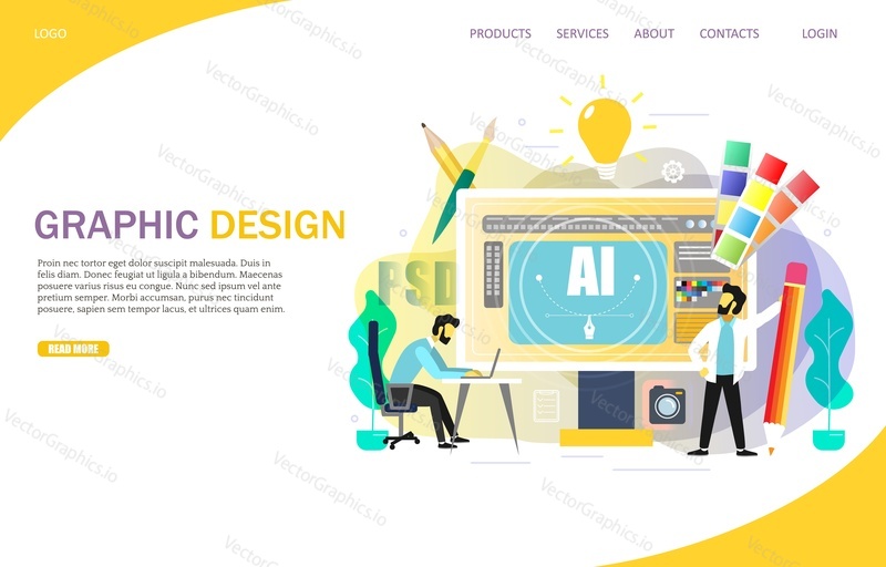 Graphic design landing page website template. Vector illustration. Desktop computer with AI letters and designers illustrators creating vector graphics for customer using computer design programs.