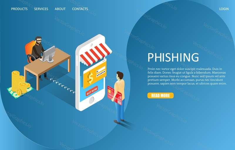 Hacker phishing landing page website template. Vector isometric illustration of cyber thief stealing money from mobile user bank account and credit card details. Hacking attack, cybercrime.