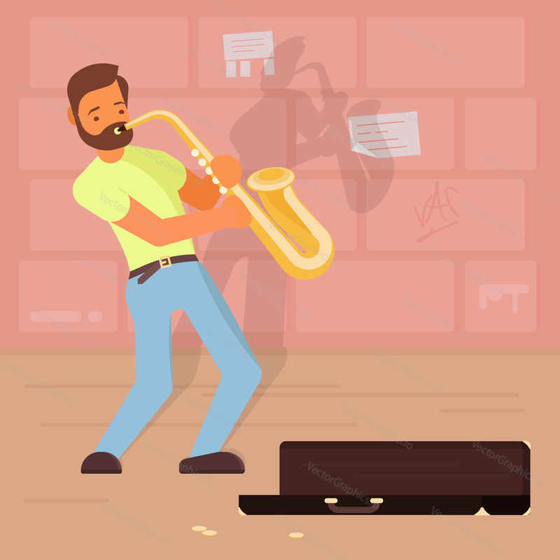Vector illustration of man saxophonist playing saxophone in street. Street musician flat style design element.