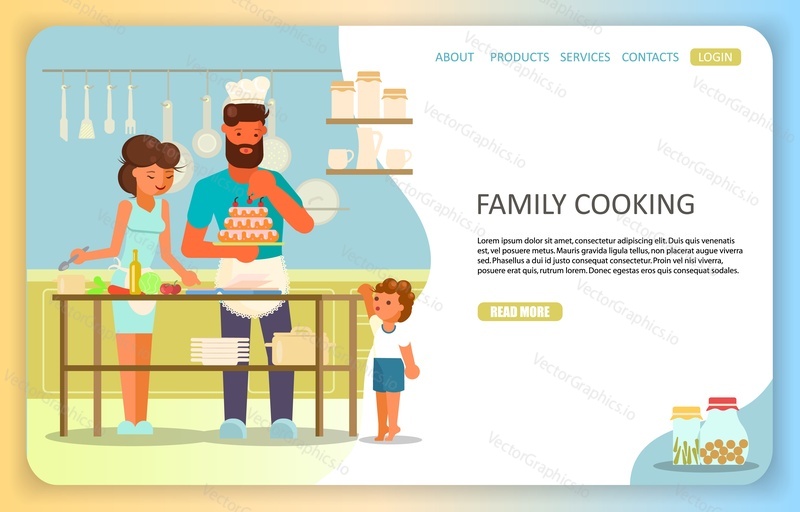 Happy family cooking landing page website template. Vector illustration of father mother with their kid preparing meals together in kitchen, making weekend dinner and cake. Family tradition idea.