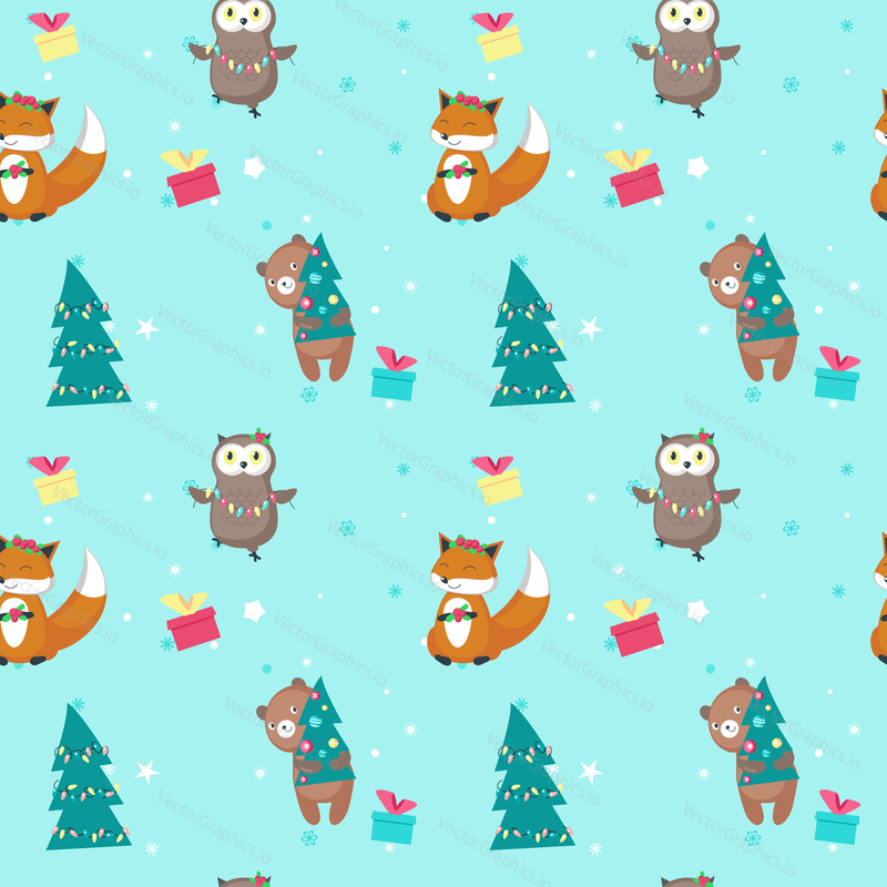 Vector seamless pattern with cute fox, bear, owl with xmas tree lights, holly berries wreath, gift boxes. Christmas animals background, wallpaper, fabric, wrapping paper.