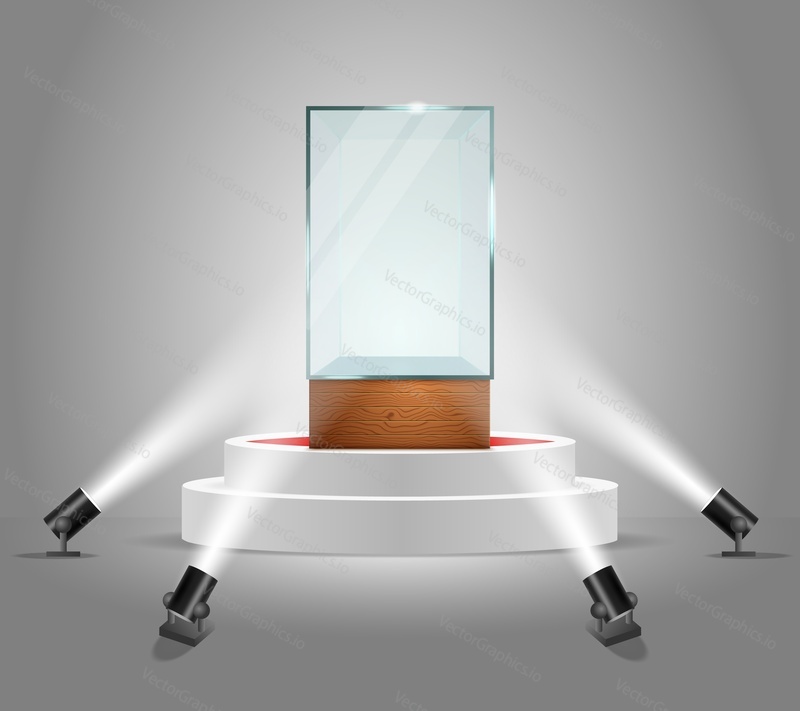White round podium with empty glass showcase illuminated by floor spotlights. Vector realistic illustration. Display case for presentation exhibition.