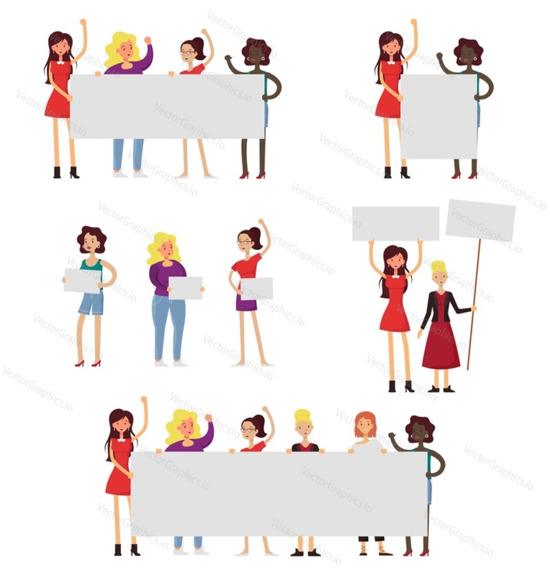 Girl power and feminism icon set. Vector flat illustration isolated on white background. Diverse group of women with arms raised, with signs and placards. Fight for women rights.