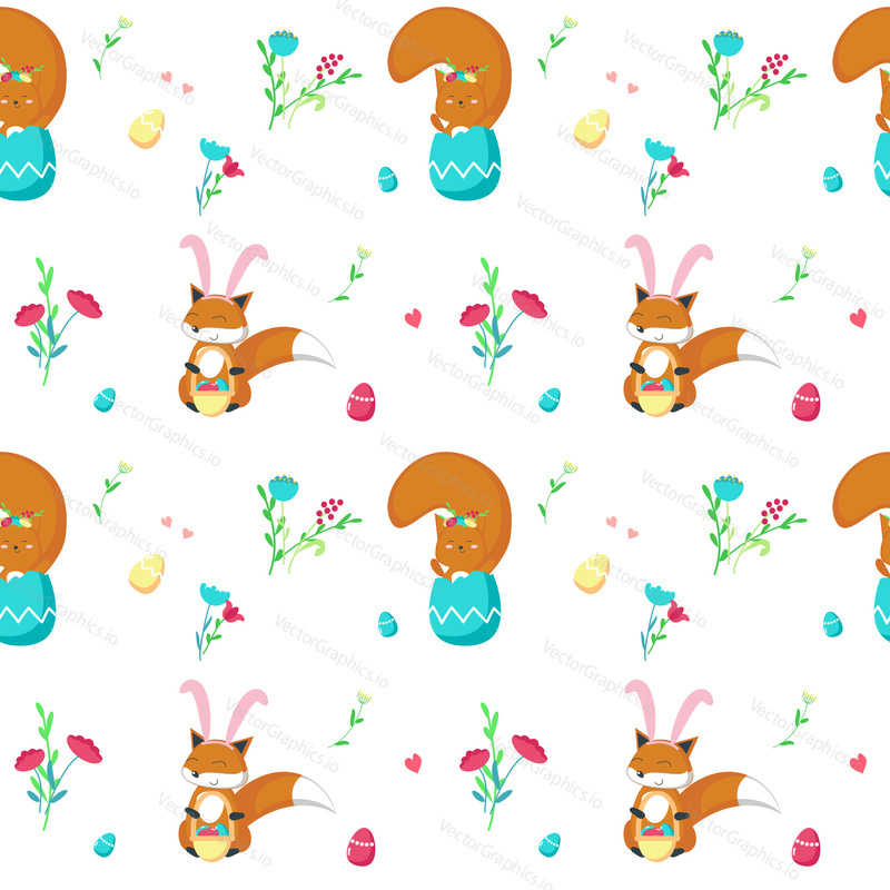 Векторный бесшовный узор с милой пасхальной лисой и белкой с яйцами, весенними цветами, сердечками, повязкой на голову с заячьими ушками и цветочным венком. Пасхальные животные фон, обои, ткань, оберточная бумага