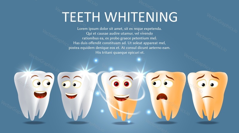 Teeth whitening vector poster banner template. Funny cartoon teeth before and after whitening. Dental treatment, oral care and hygiene concept.